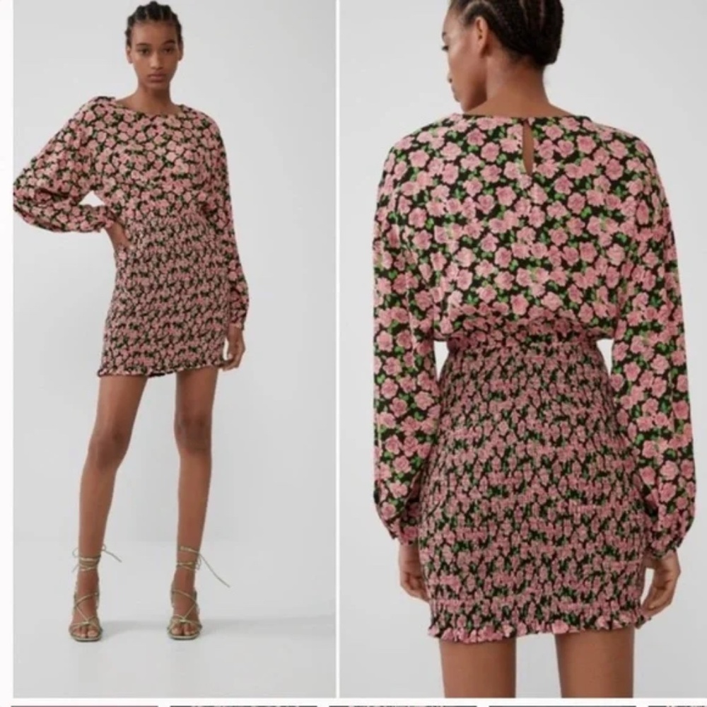 Zara Floral Dress Women Size XS Long Balloon Sleeve Smocked Peasant Cottagecore